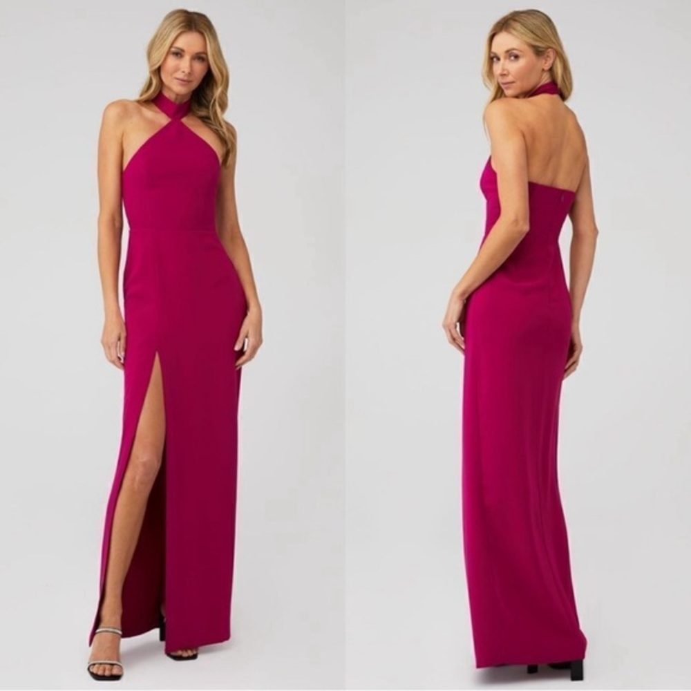 Amanda Uprichard Fuchsia Halter Prom Dress with Thigh Slit